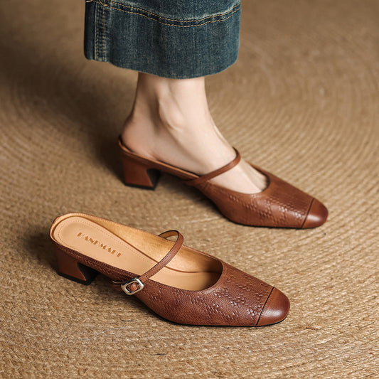 Amelier Women's Leather Mary Jane Mules Block Heel