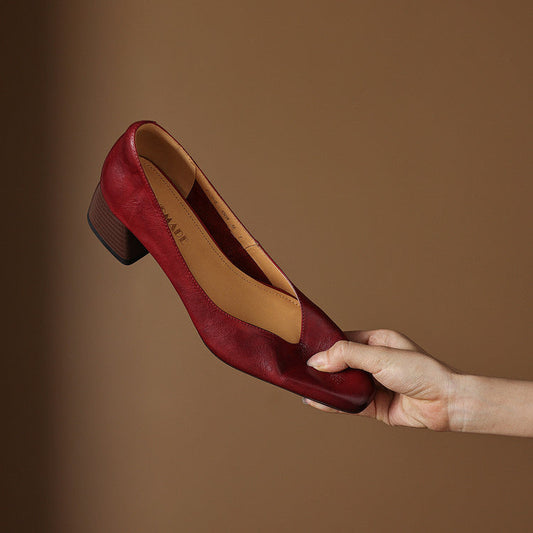 Amelier Women's Leather Pumps Block Heel Apricot