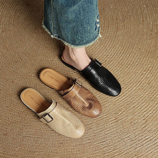 Amelier Women's Woven Leather Mules Buckle Strap Khaki