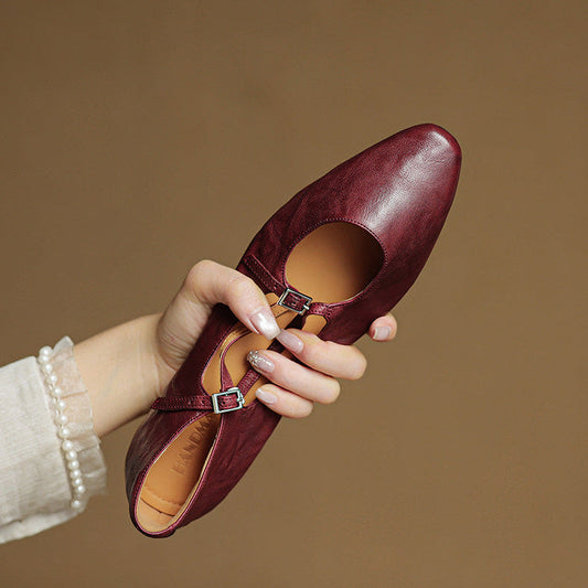 Amelier Women's Leather Ballet Flats Cross-Strap Almond Toe