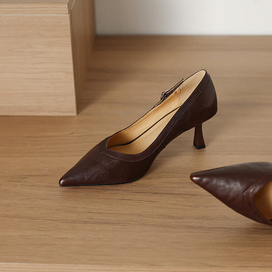 Amelier Women's Leather Stiletto Heels Pointed Toe Brown