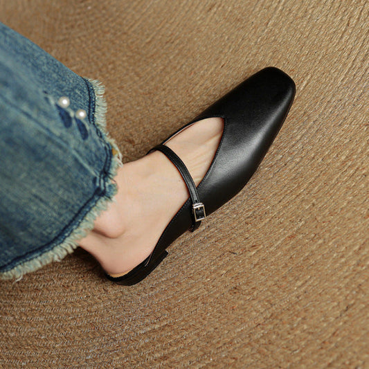 Amelier Women's Leather Mary Jane Mules Square Toe Apricot