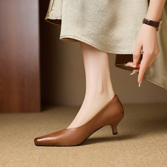 Amelier Women's Leather Pumps Kitten Heel Pointed Toe Brown