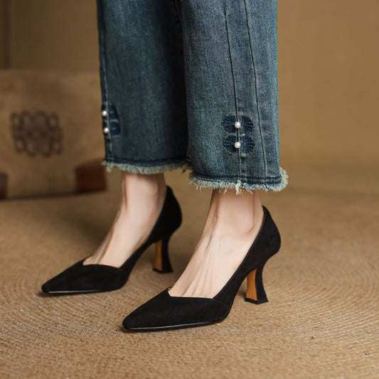 Amelier Women's Leather Heels Pointed Toe Flared Heel