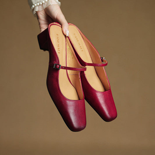 Amelier Women's Leather Mules Square Toe Block Heel Red