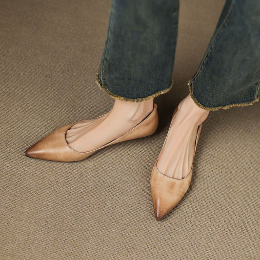 Amelier Women's Leather Flats Pointed Toe Low Block Heel Apricot