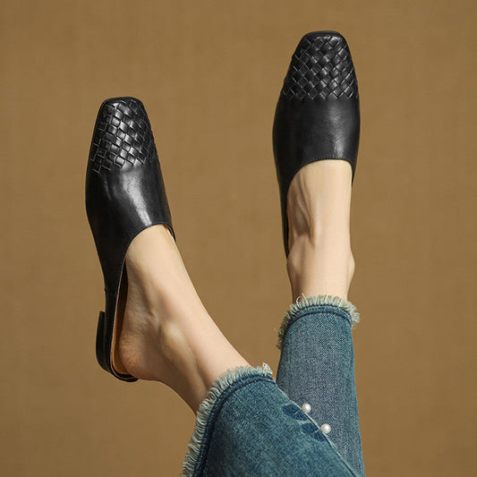Amelier Women's Woven Leather Mules Slip-On Brown