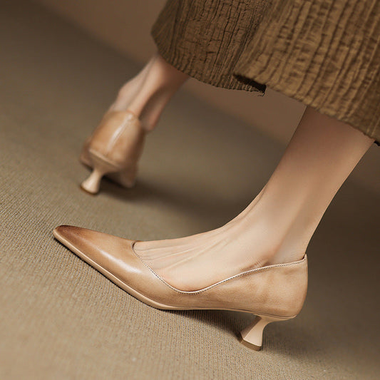 Amelier Women's Leather Pumps Pointed Toe Kitten Heel Slim