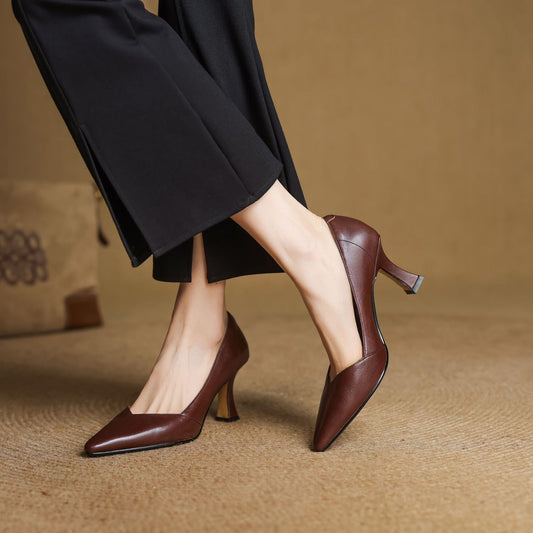 Amelier Women's Leather Heels Pointed Toe Flared Heel