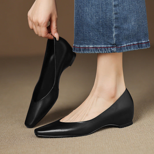 Amelier Women's Leather Flats Almond Toe Hidden Wedge Apricot