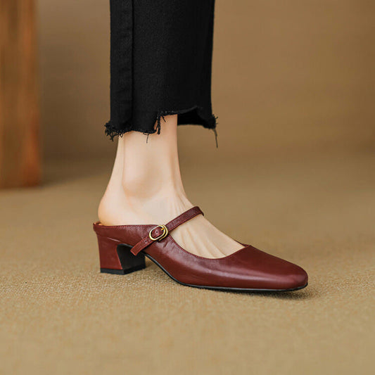 Amelier Women's Leather Mary Jane Mules Slip-On Maroon