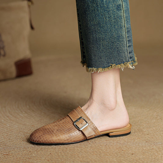 Amelier Women's Woven Leather Mules Buckle Strap Khaki
