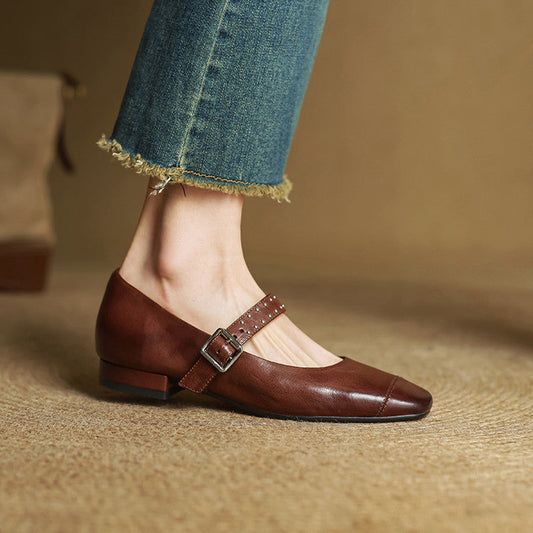 Amelier Women's Leather Mary Jane Pumps Studded Maroon