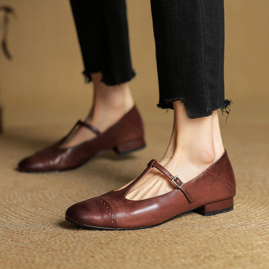Amelier Women's Leather Brogue Flats T-Strap Lace-Up Maroon