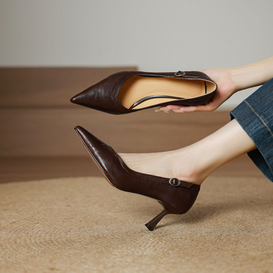 Amelier Women's Leather Stiletto Heels Pointed Toe Brown
