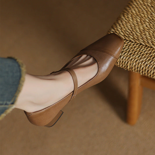 Amelier Women's Leather Mary Jane Pumps Block Heel Pink