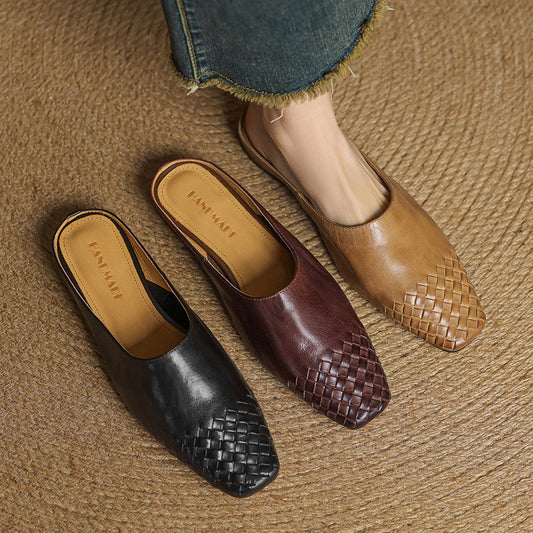 Amelier Women's Woven Leather Mules Slip-On Brown