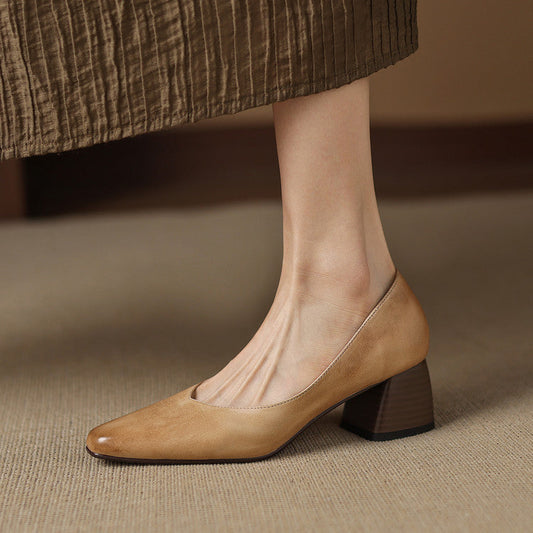 Amelier Women's Leather Pumps Block Heel Closed Toe Apricot