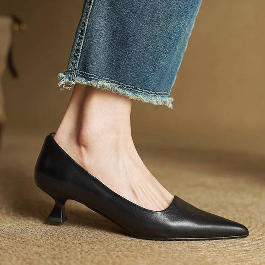 Amelier Women's Leather Kitten Heels Pointed Toe Black