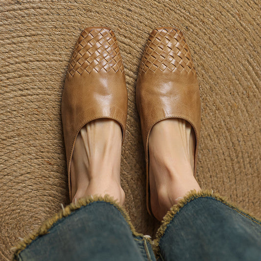 Amelier Women's Woven Leather Mules Slip-On Brown