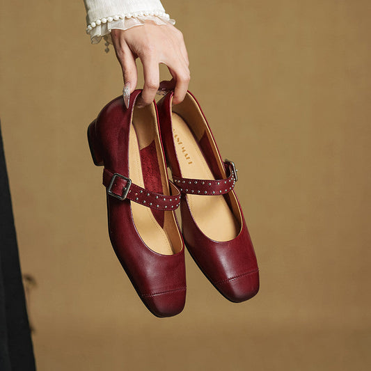 Amelier Women's Leather Mary Jane Pumps Studded Maroon