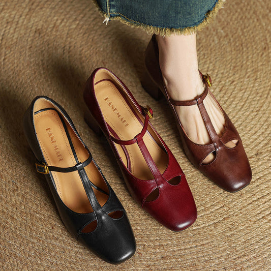 Amelier Women's Leather Pumps Block Heel Brown