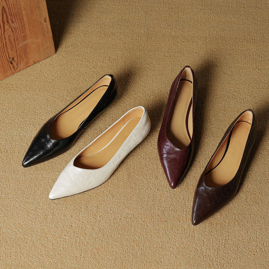 Amelier Women's Leather Flats Pointed Toe Hidden Wedge Burgundy