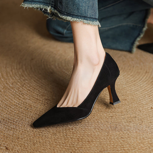 Amelier Women's Leather Heels Pointed Toe Flared Heel