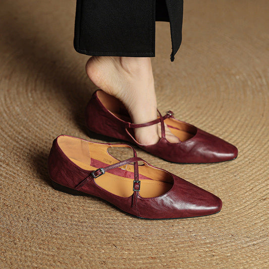 Amelier Women's Leather Ballet Flats Cross-Strap Almond Toe