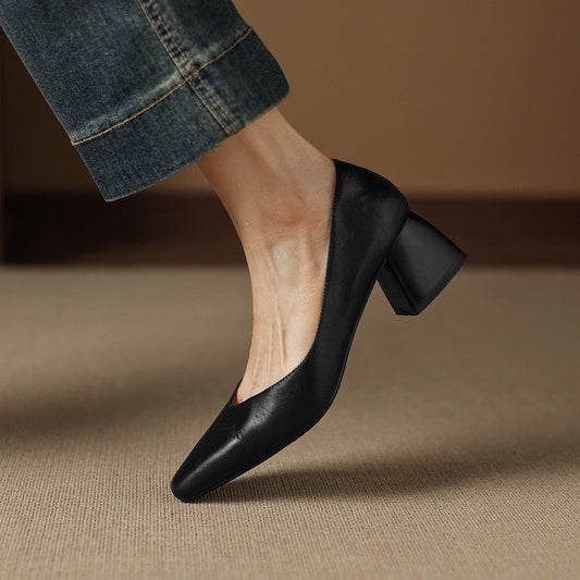 Amelier Women's Leather Pumps Block Heel Closed Toe Apricot