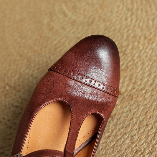 Amelier Women's Leather Brogue Flats T-Strap Lace-Up Maroon