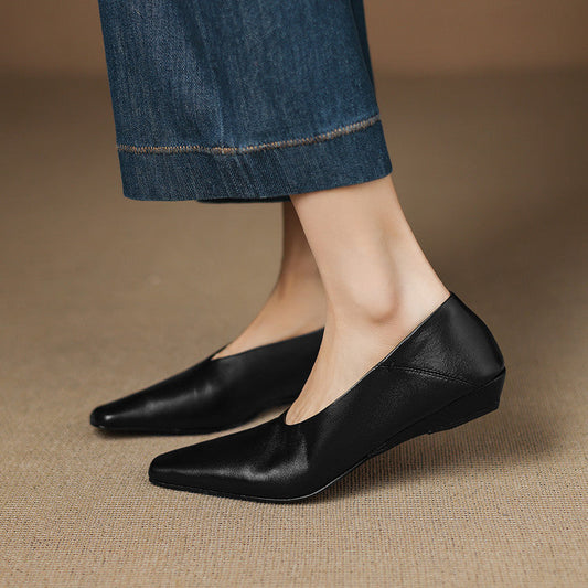 Amelier Women's Leather Flats Square Toe Hidden Wedge Apricot