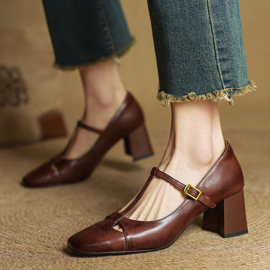 Amelier Women's Leather Pumps Block Heel Brown