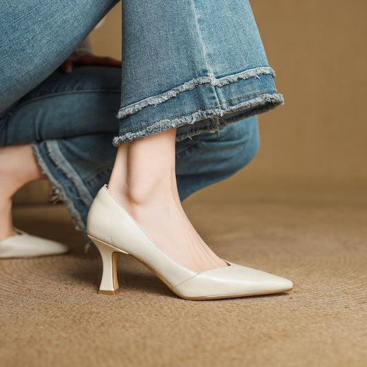 Amelier Women's Leather Heels Pointed Toe Flared Heel