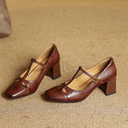Amelier Women's Leather Pumps Block Heel Brown