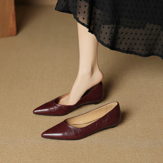 Amelier Women's Leather Flats Pointed Toe Hidden Wedge Burgundy