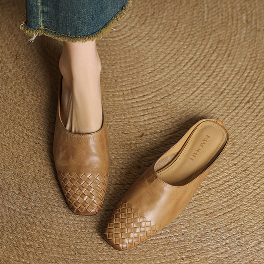 Amelier Women's Woven Leather Mules Slip-On Brown