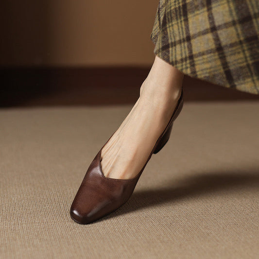 Amelier Women's Leather Pumps Block Heel Closed Toe Apricot