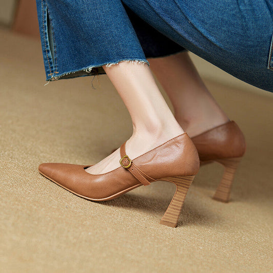 Amelier Women's Leather Mary Jane Pumps Pointed Toe Maroon