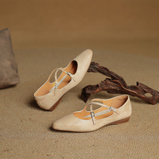 Amelier Women's Leather Ballet Flats Cross-Strap Almond Toe