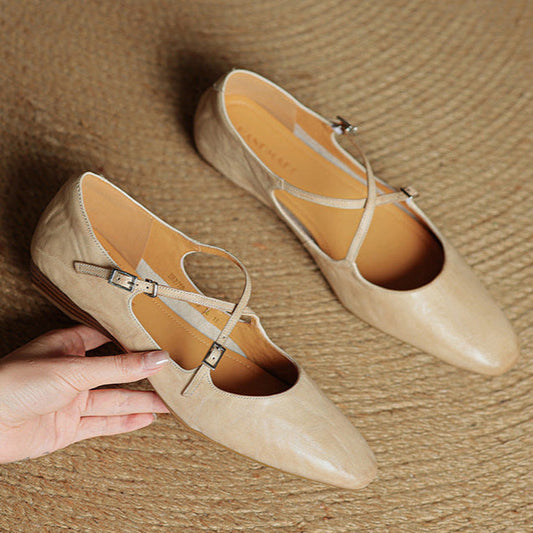 Amelier Women's Leather Ballet Flats Cross-Strap Almond Toe