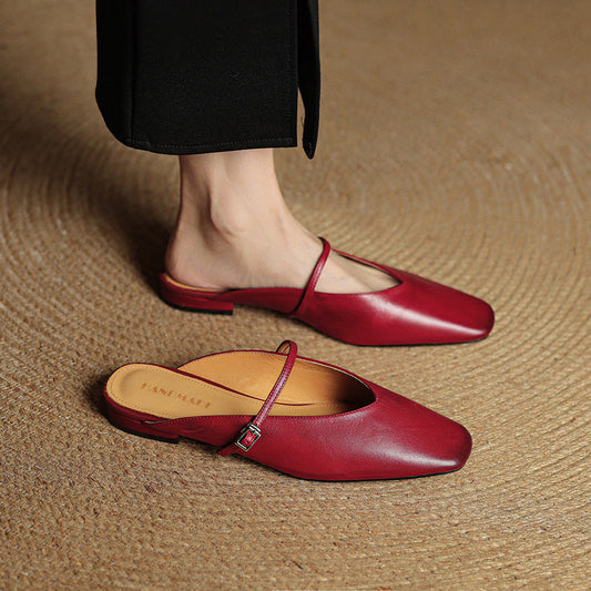 Amelier Women's Leather Mary Jane Mules Square Toe Apricot