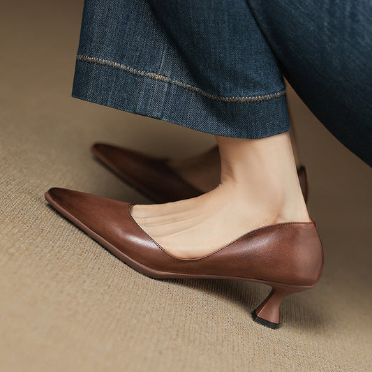 Amelier Women's Leather Pumps Pointed Toe Kitten Heel Slim