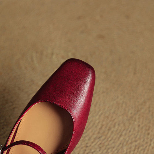 Amelier Women's Leather Mules Square Toe Block Heel Red