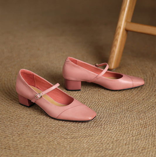 Amelier Women's Leather Mary Jane Pumps Block Heel Pink