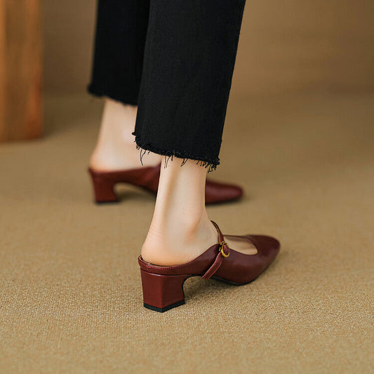 Amelier Women's Leather Mary Jane Mules Slip-On Maroon