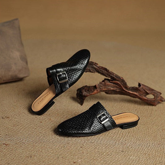 Amelier Women's Woven Leather Mules Buckle Strap Khaki
