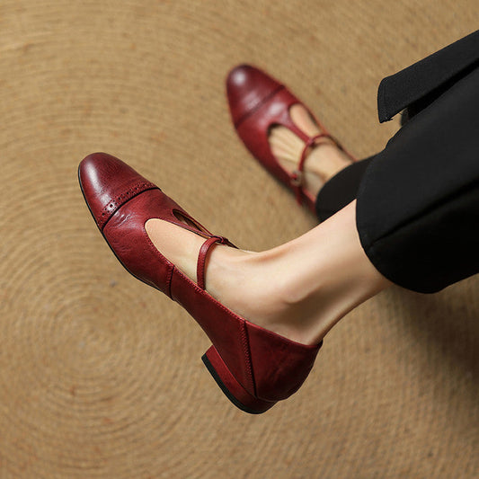 Amelier Women's Leather Brogue Flats T-Strap Lace-Up Maroon