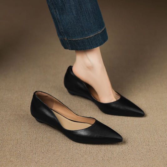 Amelier Women's Leather Flats Pointed Toe Low Block Heel Apricot