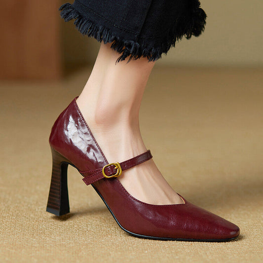 Amelier Women's Leather Mary Jane Pumps Pointed Toe Maroon